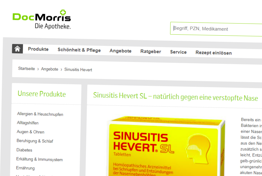 Screenshot des Internetauftritts der Online-Apotheke DocMorris. Produkt "Sinusitis Hervert SL" ist ausgewählt.