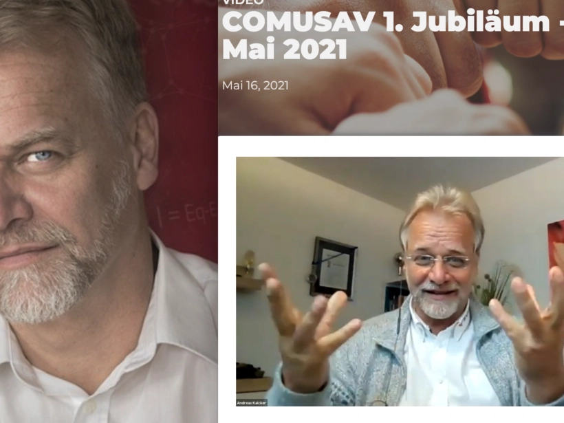 Aktiv mit Chlordioxid: Andreas Kalcker (Buchcover) und auf einer Comusav-Konferenz im Mai (Screenshots: MedWatch)