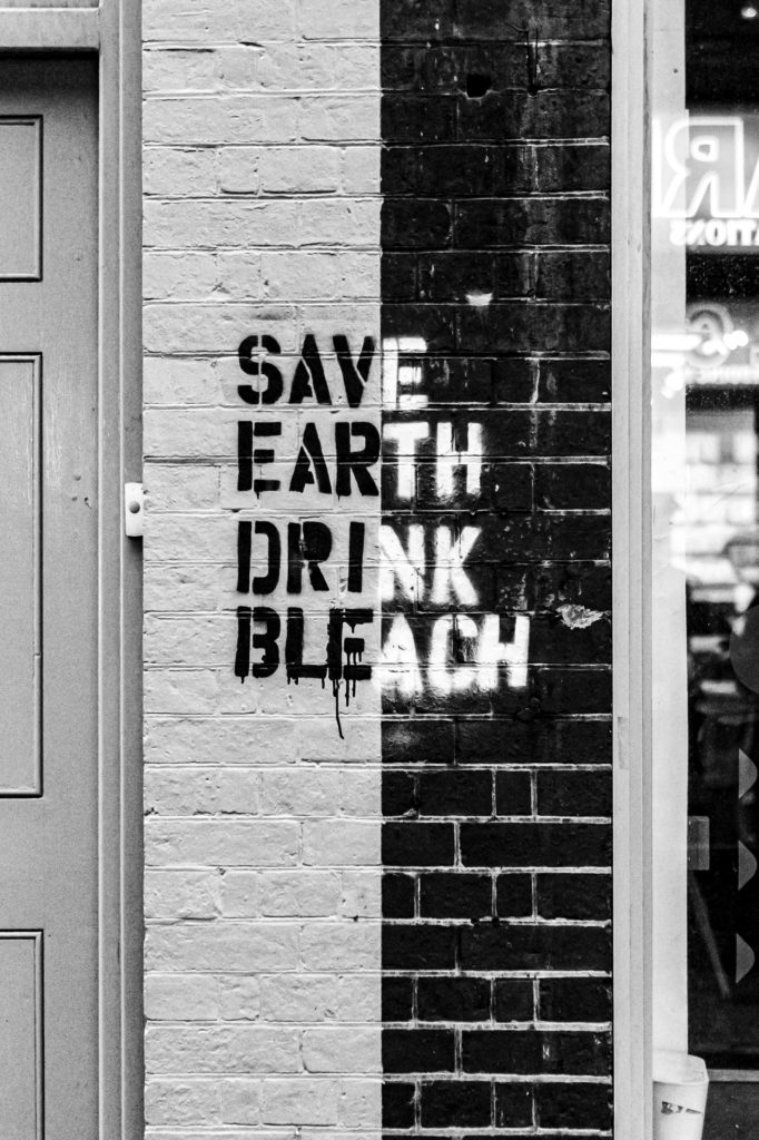 Grafitti an einer Hauswand: Save Earth, Drink Bleach